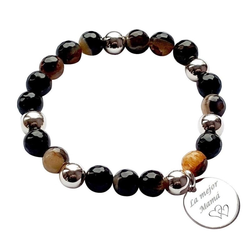 PULSERA ÁGATAS CON MEDALLA PERSONALIZADA, PLATA DE LEY