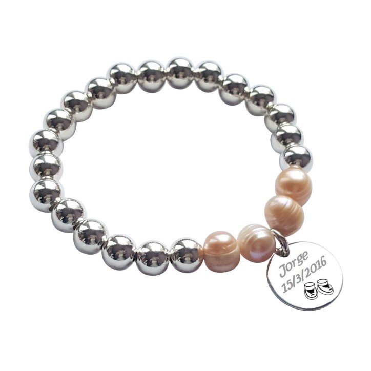 PULSERA PERLAS ROSADAS NATURALES CON MEDALLA PERSONALIZADA CHAPADA EN PLATA