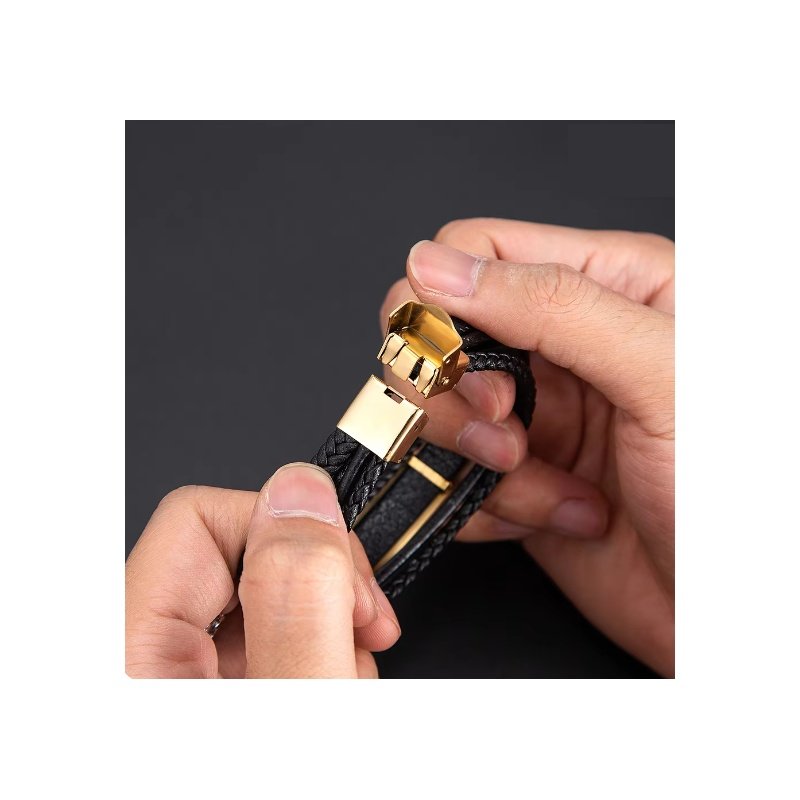 ESCLAVA PERSONALIZADA CUERO NEGRO Y ACERO ORO