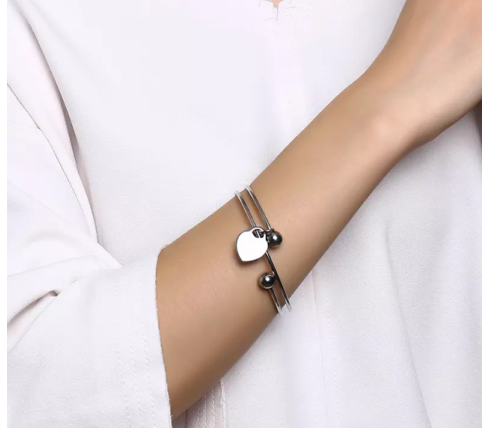 PULSERA ACERO ESPIRAL CON BOLAS Y CORAZÓN PARA GRABAR