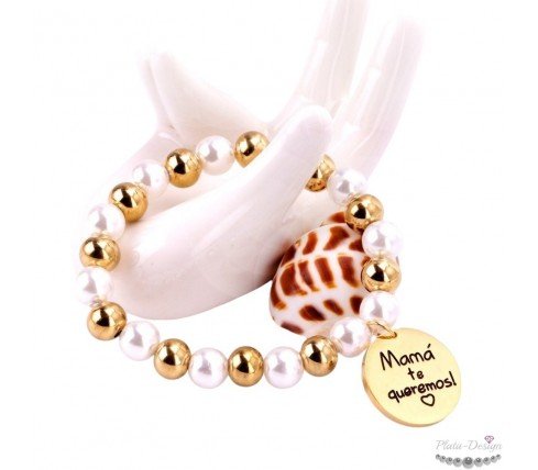 PULSERA PERSONALIZADA PARA MAMÁS, PERLAS Y ACERO ORO
