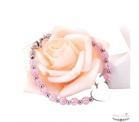 PULSERA PERSONALIZADA BOLAS MURANO ROSADAS Y ACERO CON CORAZÓN PARA GRABAR