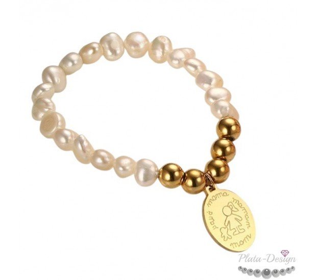 PULSERA PERSONALIZADA PARA MAMÁS, PERLAS Y BOLAS DORADAS ACERO PULSERA PERSONALIZADA PARA MAMÁS, PERLAS Y BOLAS DORADAS ACERO
