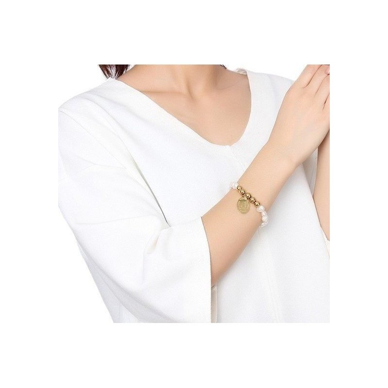 PULSERA PERSONALIZADA PARA MAMÁS, PERLAS Y BOLAS DORADAS ACERO