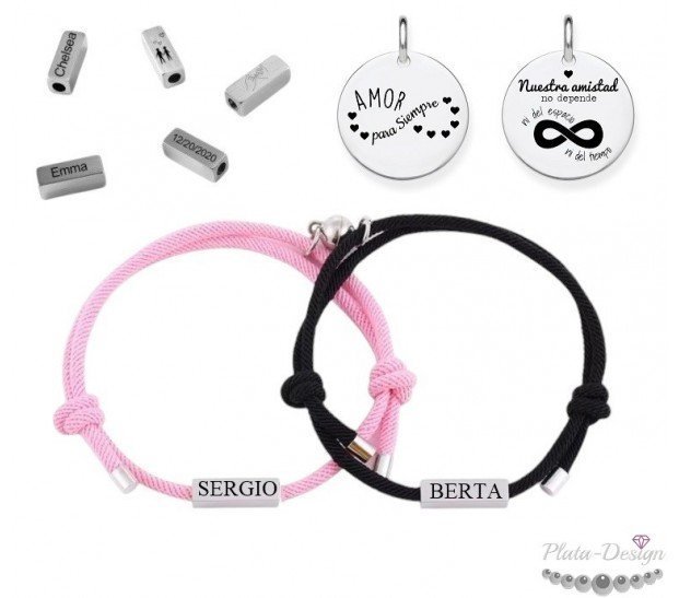 DOS PULSERAS PARA PAREJAS CON IMÁN Y TUBO PERSONALIZADO, VARIOS COLORES