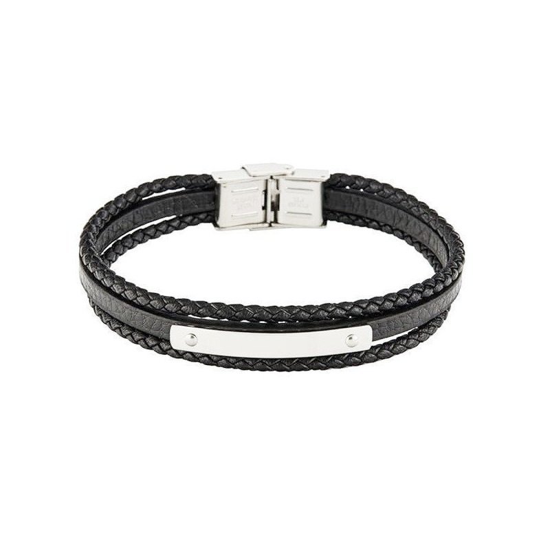 ESCLAVA TRES FILAS CUERO NEGRO Y ACERO PERSONALIZADA