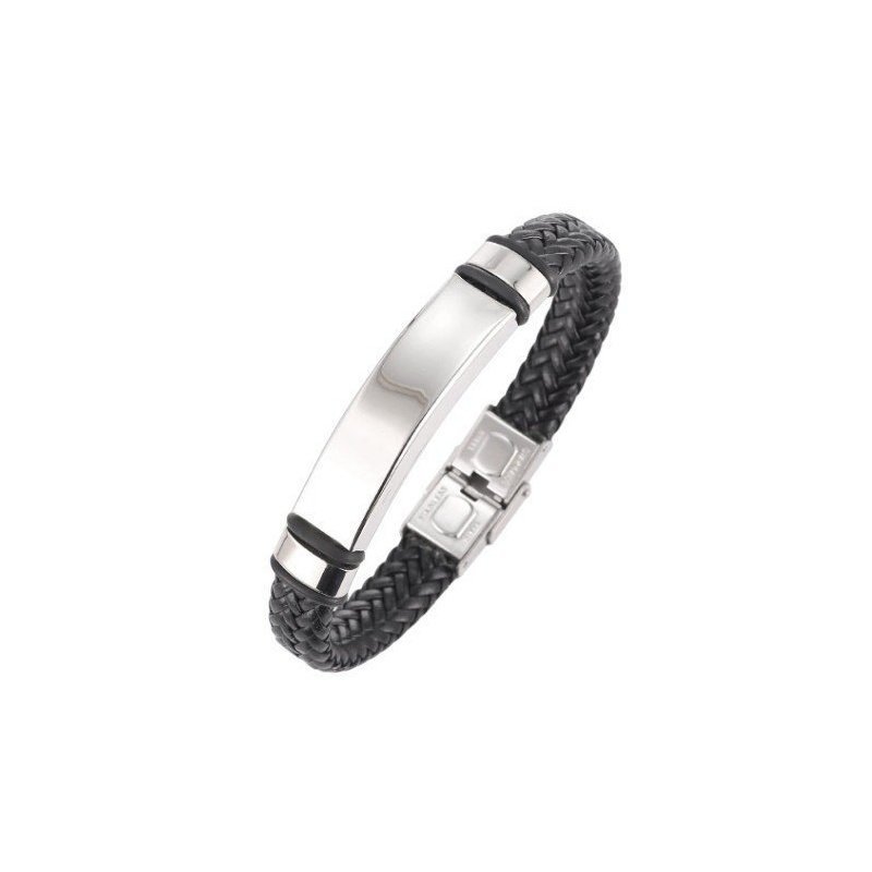 ESCLAVA DE CUERO TRENZADO NEGRO Y ACERO INOX