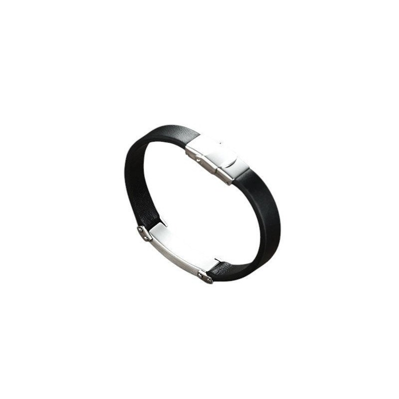 ESCLAVA DE DISEÑO ACERO Y CUERO NEGRO LISO