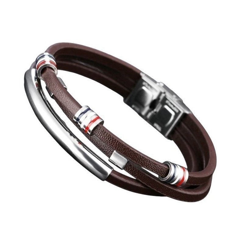 ESCLAVA PARA HOMBRE EN ACERO Y CUERO MARRÓN CON ENTREPIEZAS