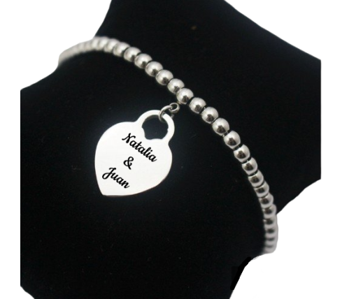 PULSERA BOLITAS ACERO CON CORAZÓN PARA GRABAR
