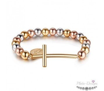 pulsera bolas acero y cruz con medalla virgen