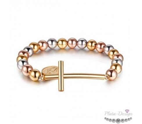 pulsera bolas acero y cruz con medalla virgen