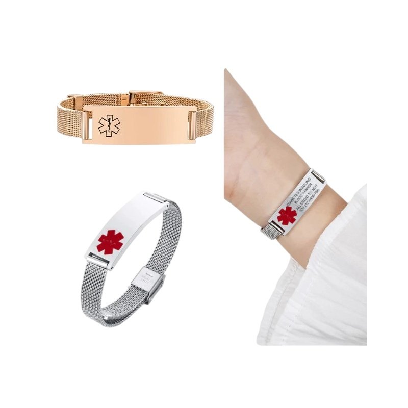 PULSERA ALERTA MÉDICA PERSONALIZADA MALLA FLEXIBLE