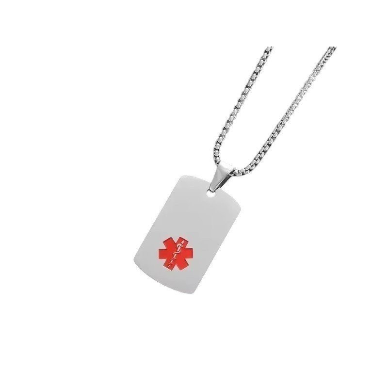 COLGANTE PLACA ALERTA MÉDICA, ALÉRGICOS, ALZHEIMER, EN ACERO