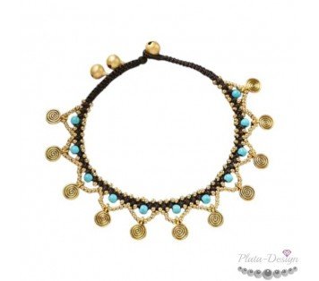 tobillera dorada macramé estilo boho gipsy con turquesas naturales