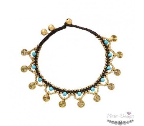 tobillera dorada macramé estilo boho gipsy con turquesas naturales
