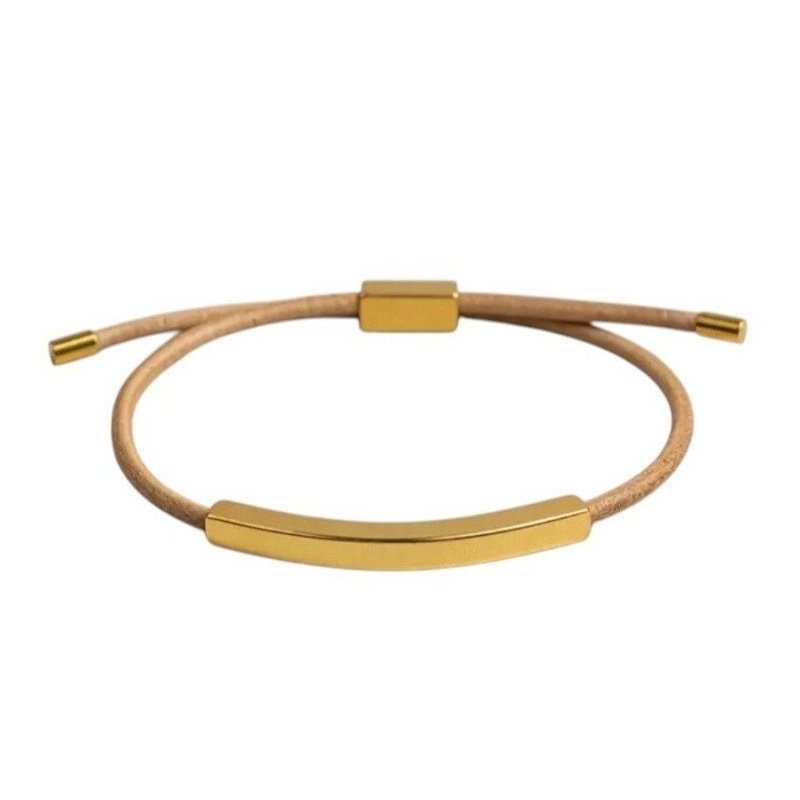 ESCLAVA FINA DE CUERO NATURAL Y ACERO ORO