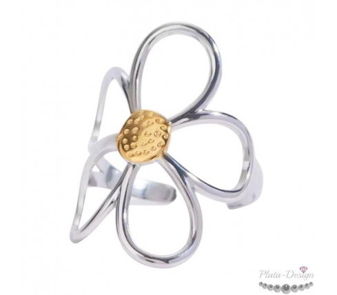 ANILLO FLOR CALADA ACERO BICOLOR AJUSTABLE