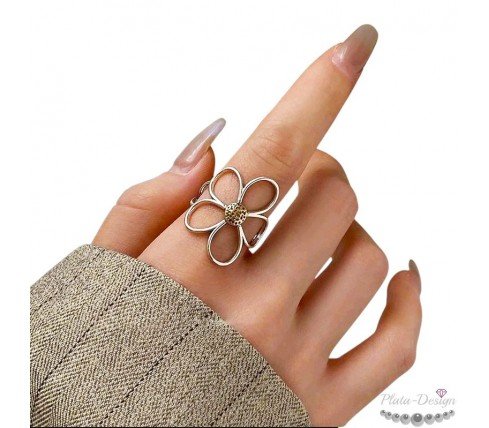 anillo flor grande acero inoxidable ajustable