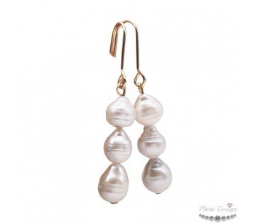 pendientes largos con tres perlas naturales acero y oro