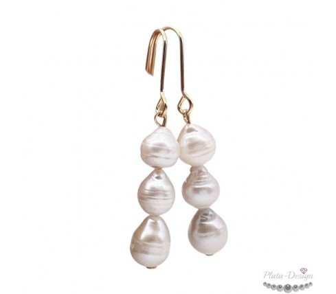 pendientes largos con tres perlas naturales acero y oro