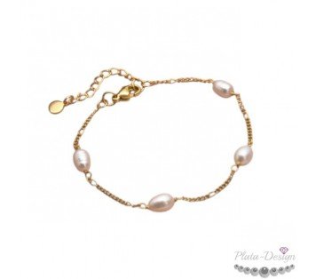 PULSERA PERLAS NATURALES CADENA FINA ACERO Y ORO