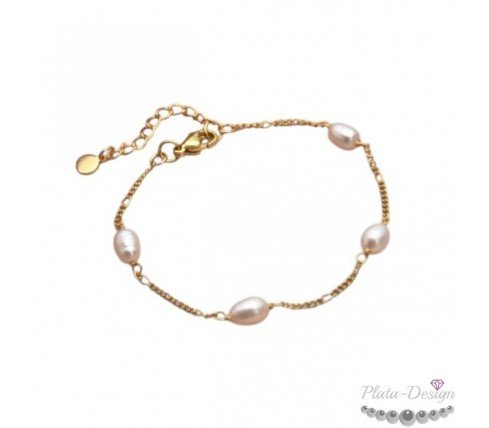 PULSERA PERLAS NATURALES CADENA FINA ACERO Y ORO