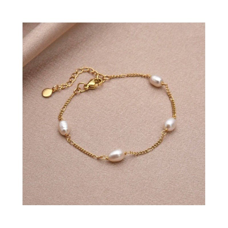 PULSERA PERLAS NATURALES CADENA FINA ACERO Y ORO