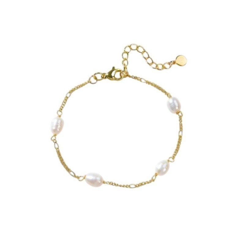 PULSERA PERLAS NATURALES CADENA FINA ACERO Y ORO