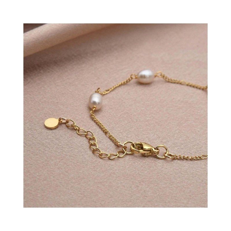 PULSERA PERLAS NATURALES CADENA FINA ACERO Y ORO
