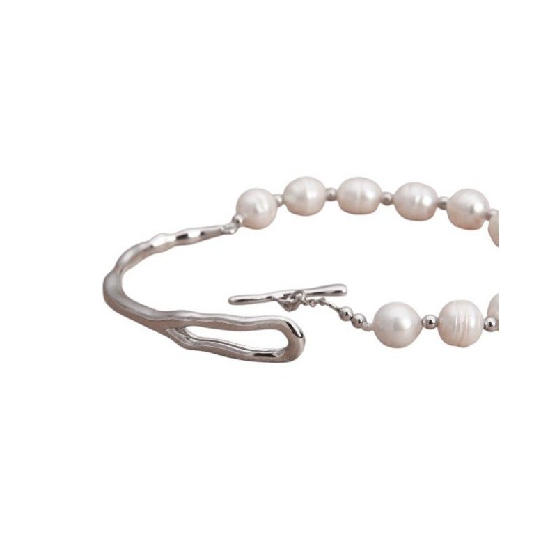 PULSERA SEMI RIGIDA PERLAS NATURALES ACERO INOX