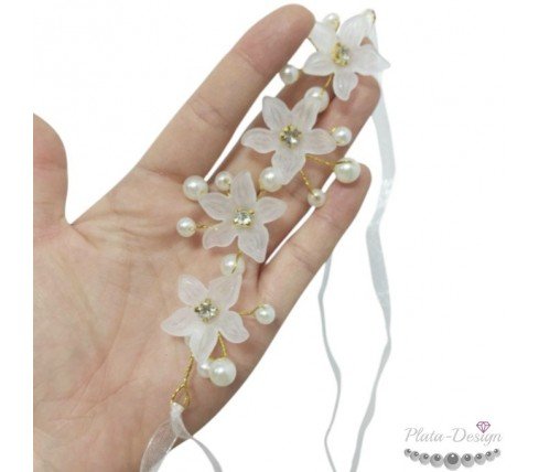 PULSERA NOVIAS ORGANZA CON FLORES Y PERLAS