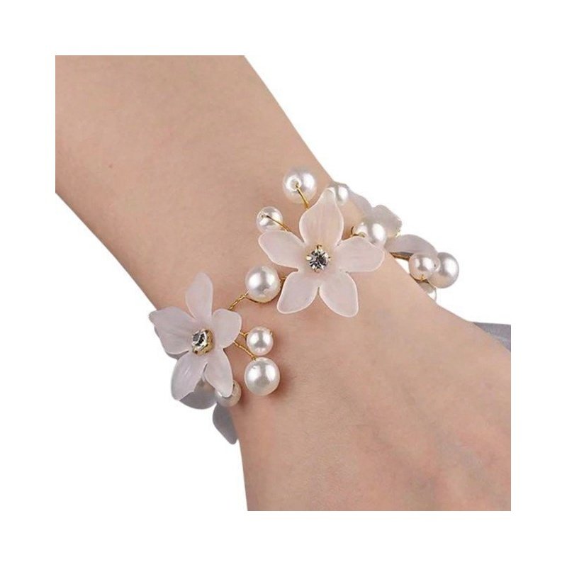 PULSERA NOVIAS ORGANZA CON FLORES Y PERLAS