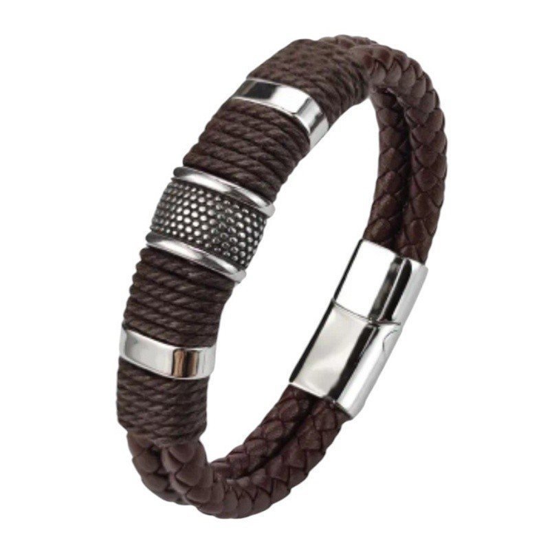 PULSERA CUERO TRENZADO DOBLE MARRÓN