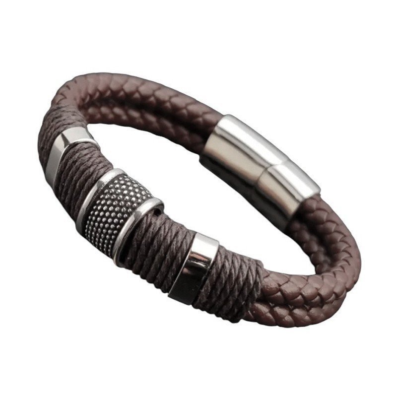 PULSERA CUERO TRENZADO DOBLE MARRÓN