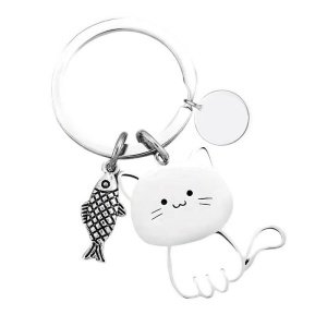llavero gato y pescado con chapita personalizada para grabar