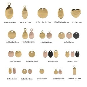 mini chapas con logotipo personalizado para joyas acero y oro doradas