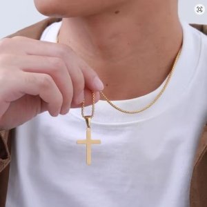 COLGANTE CRUZ LISA ACERO Y ORO CON CORDÓN INCLUIDO
