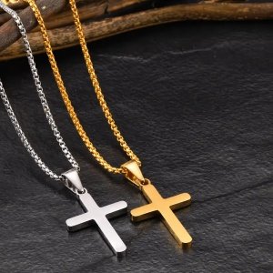 COLGANTE CRUZ LISA ACERO Y ORO CON CORDÓN INCLUIDO