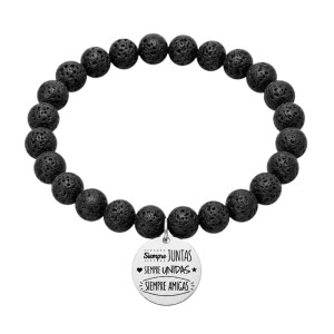 pulsera bolas de piedra lava con medalla de plata personalizada