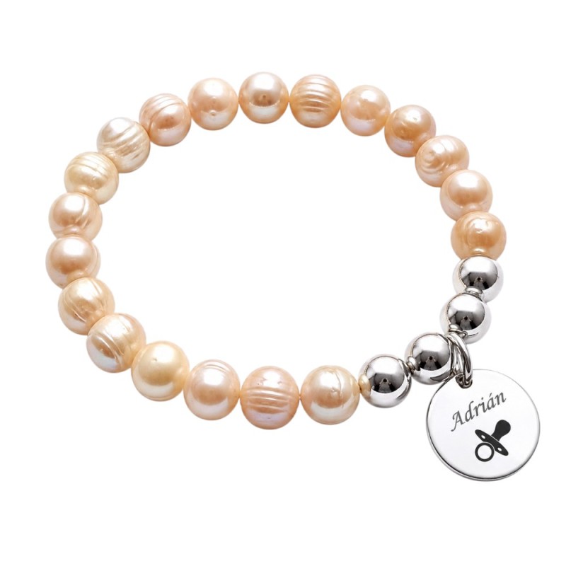 PULSERA PERLAS NATURALES ROSADAS CON CHAPA PERSONALIZADA