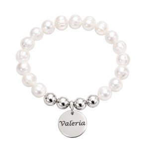 PULSERA PERLAS NATURALES CON BOLAS Y MEDALLAS PERSONALIZADAS, PLATA DE LEY 925