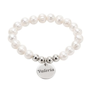 PULSERA PERLAS NATURALES CON BOLAS Y MEDALLAS PERSONALIZADAS, PLATA DE LEY 925