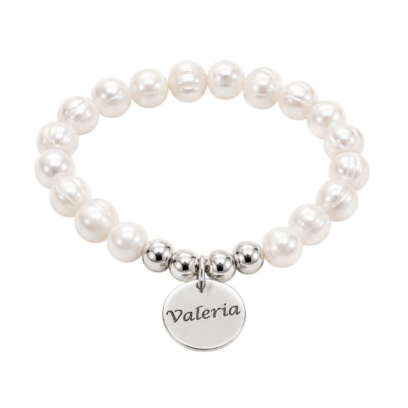 PULSERA PERLAS NATURALES CON BOLAS Y MEDALLAS PERSONALIZADAS, PLATA DE LEY 925