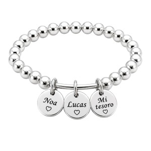 PULSERA BOLAS PLATA CON MEDALLAS PERSONALIZADAS
