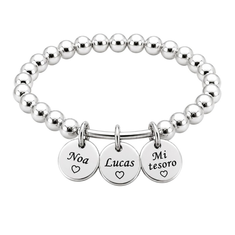 PULSERA BOLAS PLATA CON MEDALLAS PERSONALIZADAS