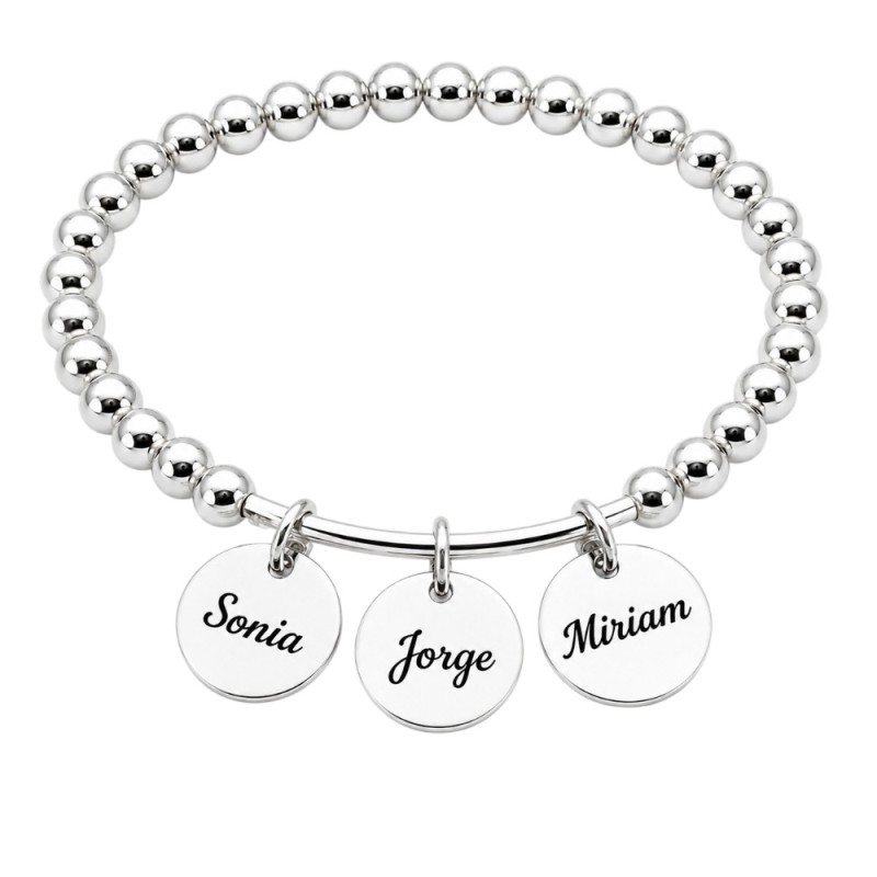 PULSERA BOLAS PLATA CON MEDALLAS PERSONALIZADAS