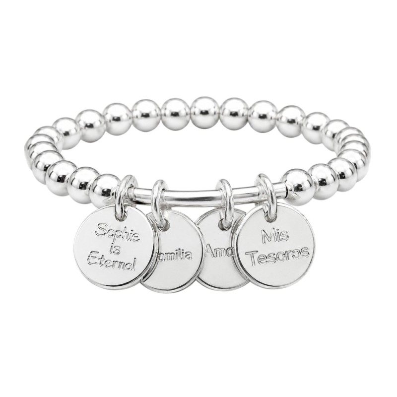 PULSERA BOLAS PLATA CON MEDALLAS PERSONALIZADAS
