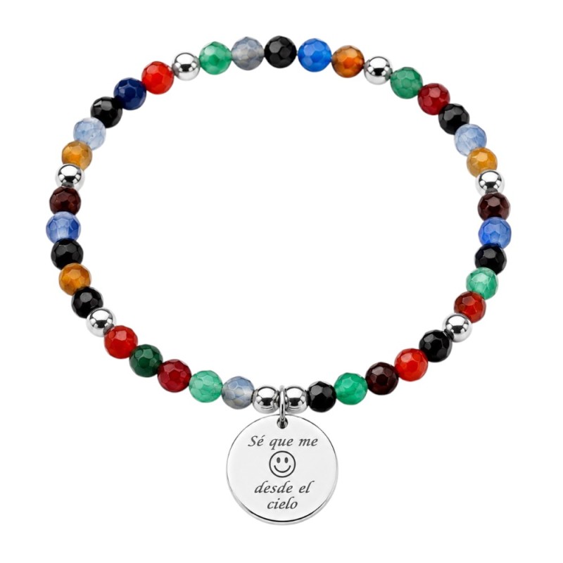 PULSERA BOLITAS ÁGATA COLORES Y MEDALLA DE PLATA