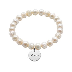 PULSERA PERLAS NATURALES CON MEDALLA PERSONALIZADA, PLATA DE LEY 925